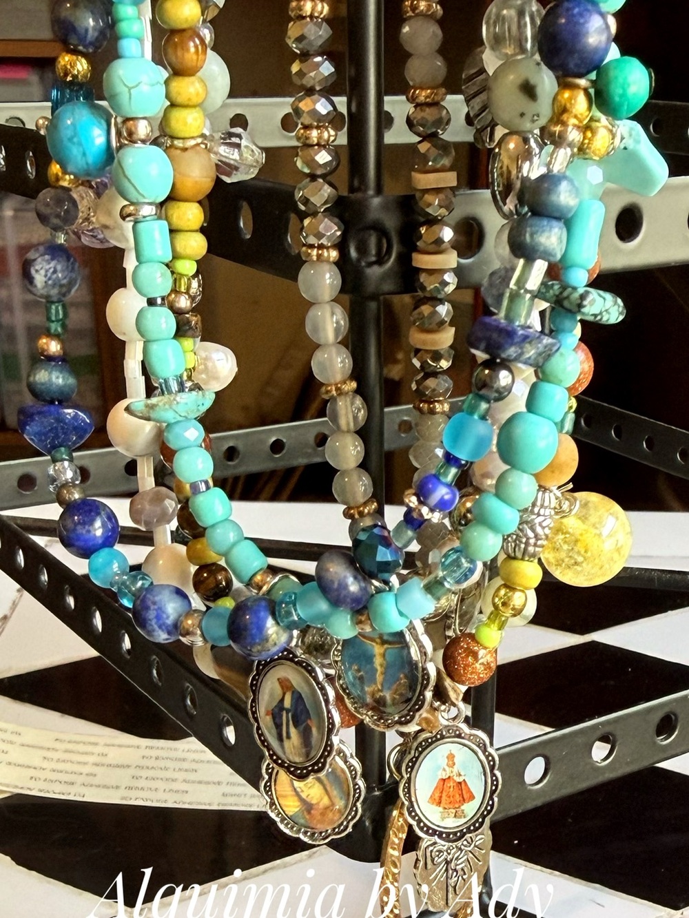 Turquoise, Blue & Gold Layered Beaded Necklace with Religious Charms